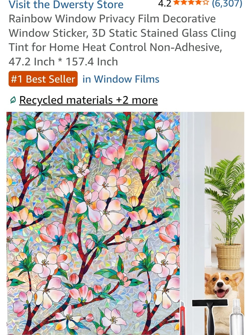 Rainbow Floral Stained Glass Window Film - Pink/Green